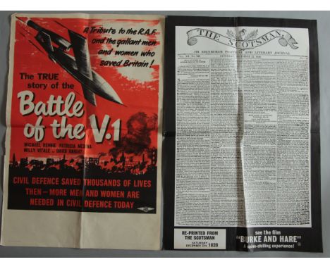 28 film posters including double-crowns (20" x 30") for "Battle of the V. 1.", Burke & Hare x3, Elvis Presley "In Person", Gu