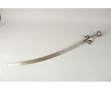 A FINE 18TH-19TH CENTURY AFGHANI PULWAR STEEL SWORD, with a very fine pierced steel hilt and etched blade depicting calligrap