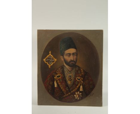 A FINE 19TH CENTURY QAJAR OVAL PORTRAIT OIL PAINTING ON BOARD, depicting Ali Asgar Khan: son of Sultan Mirza, signed Musavvir