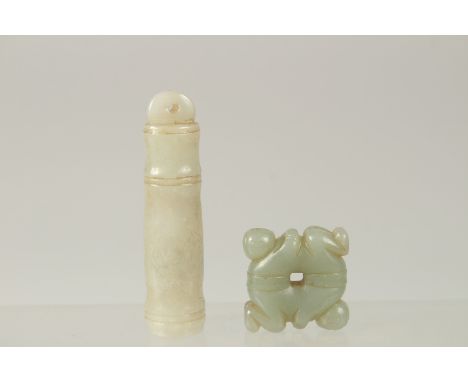 TWO 19TH CENTURY QING DYNASTY CHINESE JADE CARVINGS: pendant depicting two boys, and another piece - possibly a feather holde