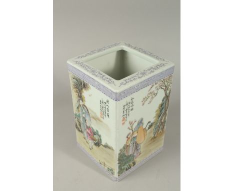 A LARGE CHINESE SQUARE-FORM PORCELAIN VASE, finely painted with panels -each depicting a scene with a wise man and pupil in o
