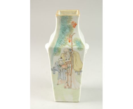 A CHINESE SQUARE-FORM PORCELAIN VASE, painted with immortals and calligraphy, 21cm high.