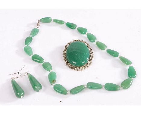 A set of white metal jade jewellery including a necklace, brooch and a pair of drop earrings.Gross weight 66 grams.