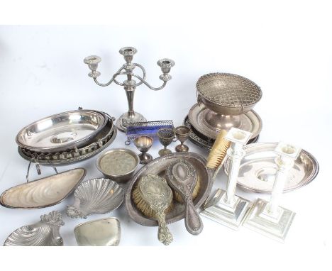 Silver plated ware, to include mussel shell form dish, rose bowl, candlestick, hair brushes etc. (qty)