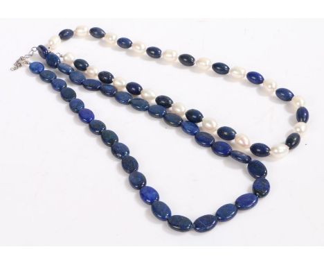 One beaded Lapis Lazuli necklace and one beaded Lapis Lazuli and pearl necklace, both with silver clasps.Gross weight 88 gram