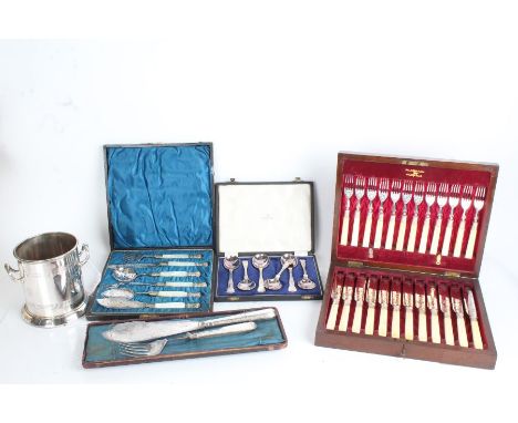 Silver plated ware to include cased set of mother of pearl handled serving implements, fish servers, wine cooler etc. (qty)
