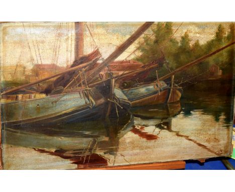 English School (19th/20th Century), Moored Boats, oil on canvas, monogrammed C R lower right, 35 x 50cm, unframed   