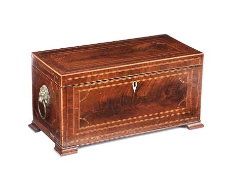 GEORGIAN INLAID MAHOGANY TEA CADDY WITH LION MASK HANDLES.RAISED ON BRACKET FEET.HEIGHT: 17 INCHES.WIDTH: 13 INCHES.DEPTH: 6 