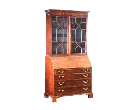 GEORGIAN INLAID MAHOGANY BUREAU TWO DOOR BOOKCASE FITTED WITH FOUR LONG DRAWERS WITH BRASS DROP HANDLES.RAISED ON BRACKET FEE