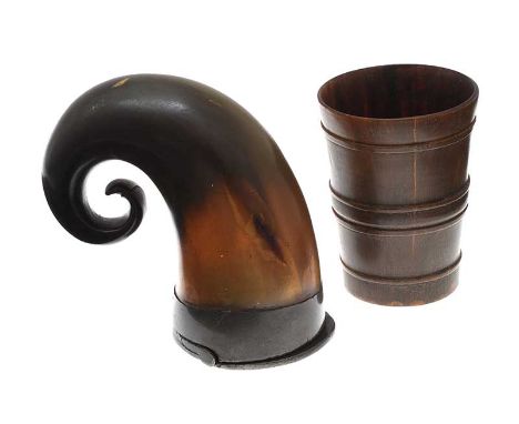 TWO PIECES OF HORN. ONE CUP OF 2½ X 1¾ INCHES & ONE PEWTER MOUNTED SNUFF BOX OF 3 X 1¾ INCHES.IN GOOD CONDITION. 