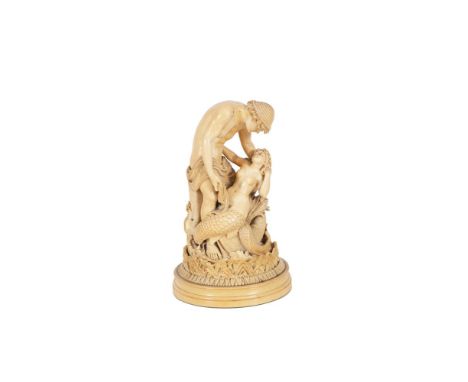A FRENCH 19TH CENTURY CARVED DIEPPE IVORY GROUP, signed Schuller, depicting 'The Fisherman and the Siren', modelled after Lor