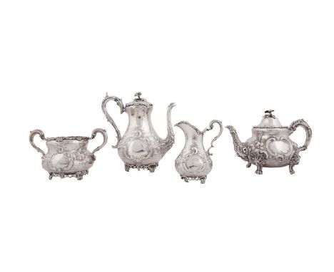 A MATCHED FOUR PIECE SILVER TEA AND COFFEE SERVICE, Dublin 1867 and '68, mark of John Smith, the teapot London 1876, mark of 