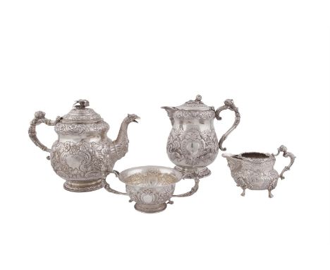 A MATCHED IRISH FOUR PIECE TEA SERVICE, Dublin 1823, mark of Edward Crofton, Dublin 1941, mark of West & Son, Dublin 1817, ma