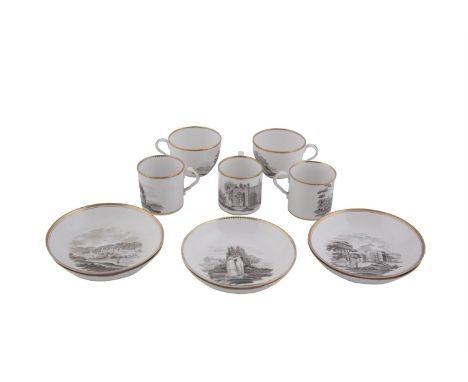 A SPODE PART TEA/COFFEE SET, early 19th century, comprising six saucers, three cylindrical coffee cups and two tea cups, with