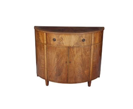 A GEORGE III STYLE INLAID SATINWOOD HALF CIRCULAR COMMODE, fitted single frieze drawer above twin panel door cupboard with bo