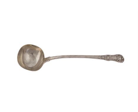 AN IRISH WILLIAM IV SILVER KING'S PATTERN SOUP LADLE, Dublin 1835. 36cm long