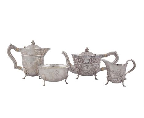 A FOUR PIECE IRISH SILVER TEA SERVICE, Dublin 1966, mark of J.W, comprising tea pot, hot water pot, cream jug and sugar bowl,