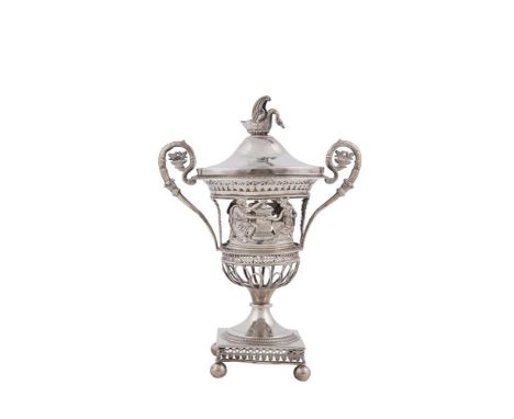 A FRENCH SILVER TWO HANDLE URN AND COVER, Paris, 19th century, of classical form, the domed cover with swan finial and pierce