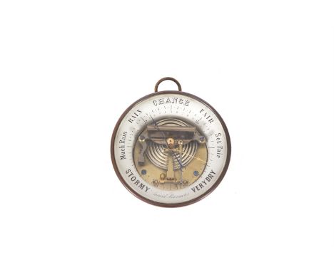 A LATE 19TH CENTURY CIRCULAR BRASS CASED CIRCULAR ANEROID WALL BAROMETER, the glass face with painted dial, revealing the inn
