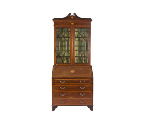 AN EDWARDIAN INLAID MAHOGANY BUREAU BOOKCASE, with moulded cornice above twin astragal glazed panel doors on a base with fall