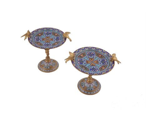 A PAIR OF FRENCH ORMOLU AND ENAMEL TAZZAS, of circular form, each modelled in the style of a bird bath with shallow dished to