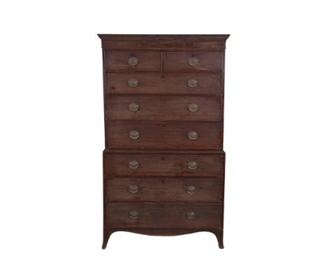 A VICTORIAN MAHOGANY CHEST ON CHEST, the moulded cornice above a chest of two short and six long graduated cockbeaded drawers