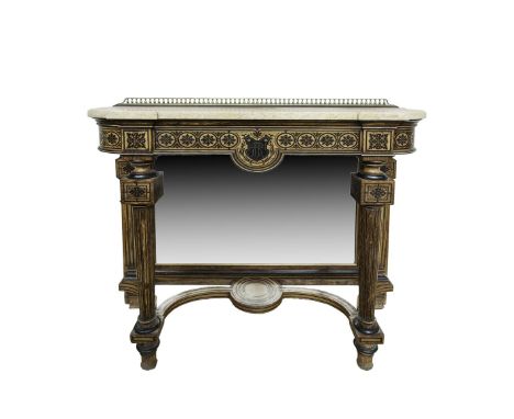 A VICTORIAN SIMULATED ROSEWOOD CONSOLE TABLE, with brass gallery rail, above a yellow veined marble top, the frieze with ebon