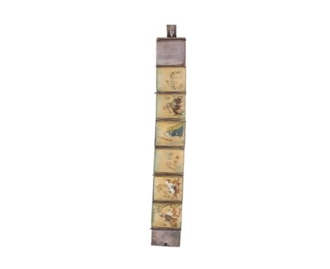 A CHINESE MOTHER OF PEARL PLAQUE BRACELET, each plaque hand painted with hunting scenes, within a silver setting (losses to p