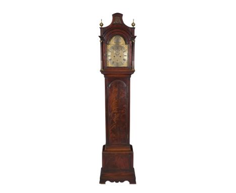 A GEORGE III MAHOGANY LONG CASE CLOCK BY GREGORY FENNELL SNR, LONDON, with arched detachable hood surmounted with spherical b