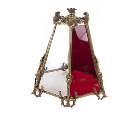 A GEORGIAN STYLE BRASS FRAMED RUBY AND CLEAR GLASS HALL LANTERN, of panelled tapering form, supported on suspension ring and 