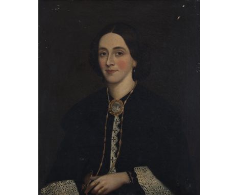 VICTORIAN SCHOOLA Portrait of a Young Woman of the Edgeworth Family wearing a black dress with lace cuffsOil on canvas, 75 x 