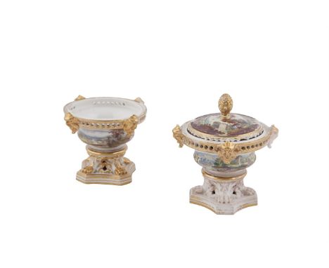 A PAIR OF CROWN DERBY PORCELAIN POT POURRI VASES, of circular form with painted landscapes and parcel gilding, having one lid
