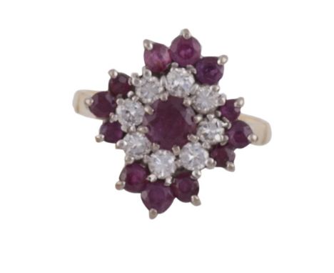 A RUBY AND DIAMOND DRESS RING, mounted in 18 carat gold, ring size P