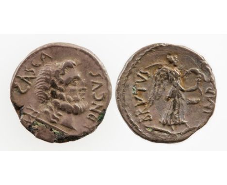 ROMAN REPUBLIC. CONTEMPORY IMITATION AR DENARIUS. Junius Brutus and Servilius Casca Longus. Military mint traveling with Brut
