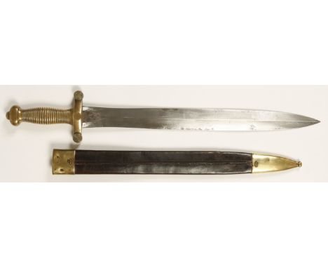 A FRENCH INFANTRYMANS SWORD with leather and brass mounted scabbard, the blade engraved "Klingenthal Jan 1832"