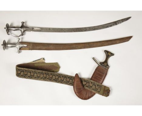 TWO INDIAN SWORDS, one with wooden scabbard, and an Eastern Jambiya (3)