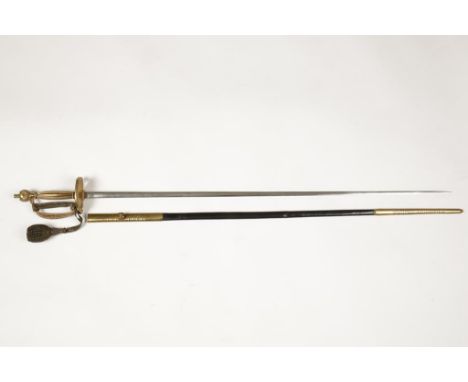 A GEORGE V COURT SWORD with leather and brass-mounted scabbard, and engraved blade