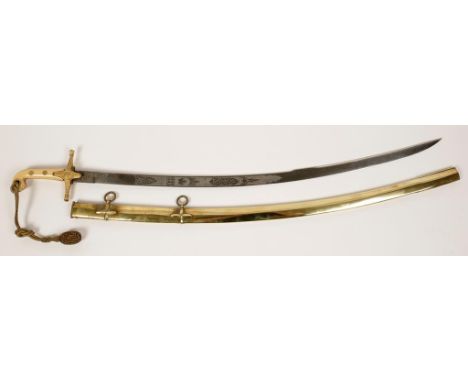 A GEORGE V OFFICERS LEVE-E with an equiry hilt, brass scabbard and engraved blade