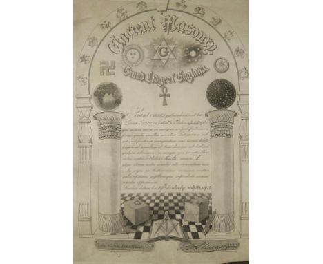 A MASONIC GRAND LODGE MEMBERSHIP CERTIFICATE, to Susan Edith Champneys 1863-1928. The certificate dated 1923. Susan was one o