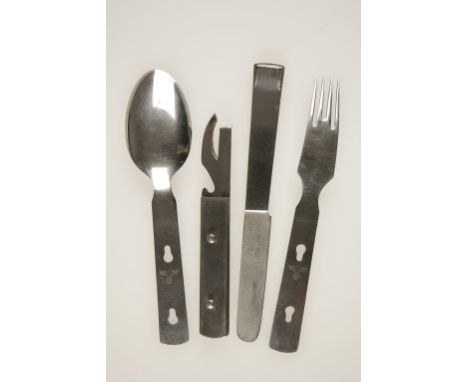 A GERMAN NAZI STEEL CUTLERY SET, knife, fork, tin opener and spoon, with eagle and swastika emblem, impressed 'C.&C. W. 41', 