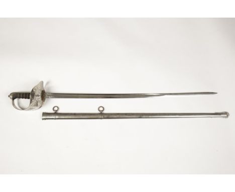 AN ELIZABETH II OFFICERS SWORD with scabbard, possibly with earlier blade and scabbard