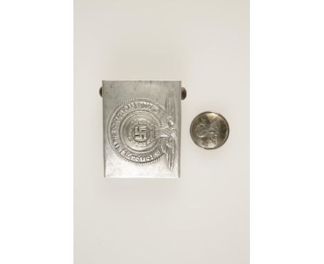 A GERMAN NAZI ALUMINIUM BELT BUCKLE, impressed 'R.Z.M. M34/2', and a button. (2)
