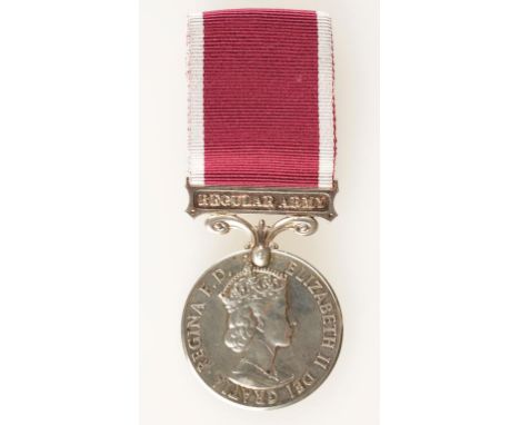 ELIZABETH II ARMY LONG SERVICE AND GOOD CONDUCT MEDAL, impressed (24865798 CPL MJ STEWART PWRR), in box of issue.