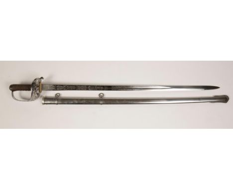 AN EDWARD VII OFFICERS SWORD with scabbard, Queens Own Hussars, with monogrammed blade, Wilkinson. 