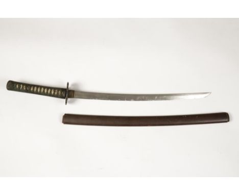 A JAPANESE WAKIZASHI with shagreen and cord grip, with scabbard, the depth of blade unusually thin