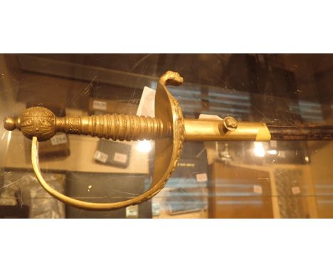 Vintage Spanish Toledo steel gilt brass hilt dress sword with scabbard, blade L: 73 cm    CONDITION REPORT:  POSTAGE: There a