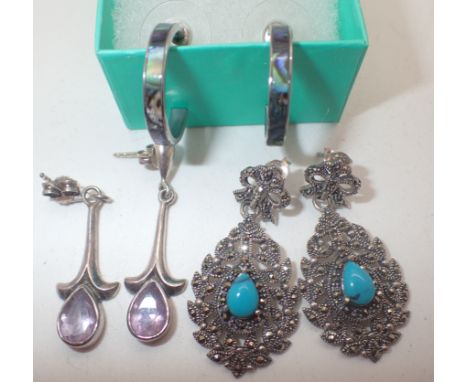 Three pairs of silver earrings including abalone and amethyst