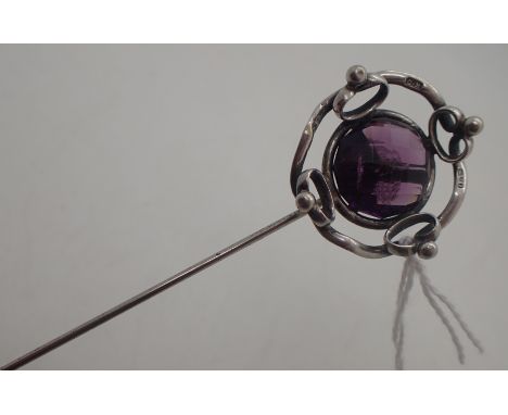 Charles Horner silver and amethyst hat pin, hallmarked Chester 1909