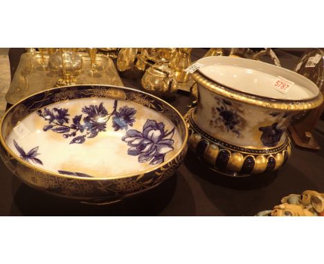 Antique Royal Doulton Burslem blue and gold hand painted fruit bowl and a blue and gold ceramic jardiniere