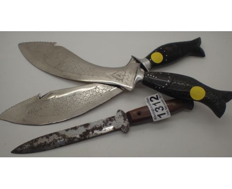 Two Indian kukri knives, no scabbards, and a modern throwing knife   CONDITION REPORT:  POSTAGE: There are International rest